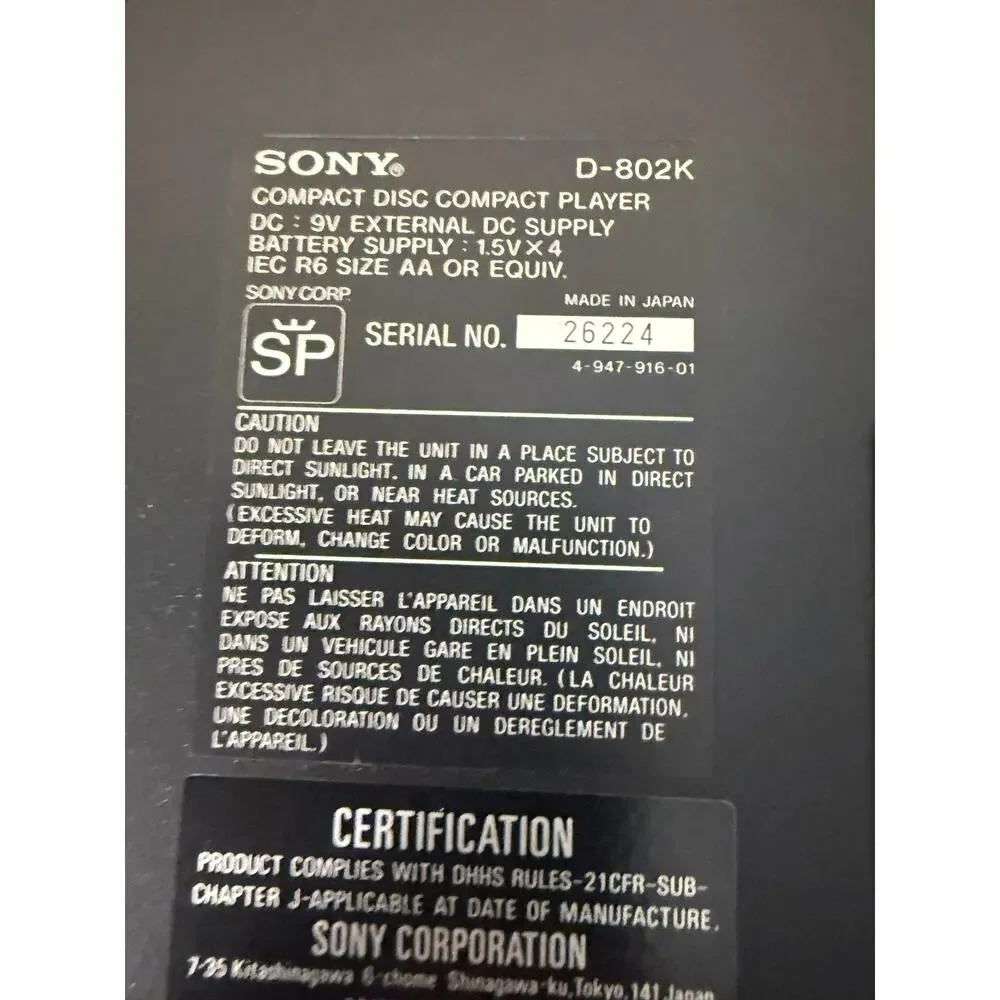 Vintage Sony D-802K Car Discman Portable CD Player w 2 Speakers - SO